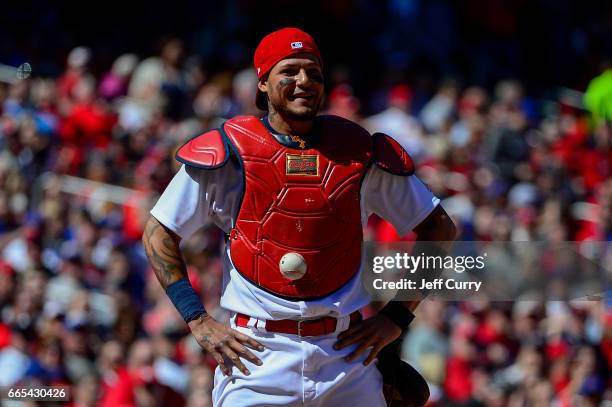 Yadier Molina of the St. Louis Cardinals looks on after the ball got stuck to his chest protector allowing Matt Szczur of the Chicago Cubs to advance...