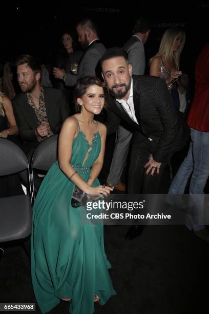Marin Morris and AJ McLean backstage during THE 52ND ACADEMY OF COUNTRY MUSIC AWARDS, broadcast LIVE from T-Mobile Arena in Las Vegas Sunday, April 2...