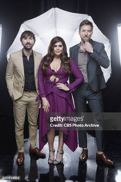 Lady Antebellum pose for a photograph in the CBS Photo Booth backstage at THE 52ND ACADEMY OF COUNTRY MUSIC AWARDS, broadcast LIVE from T-Mobile...