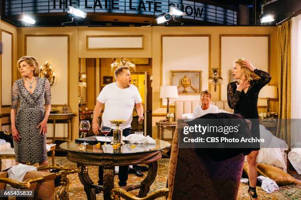 Claire Danes, Christine Baranski, and Jack McBrayer perform The Bold and The Lyrical with James Corden during "The Late Late Show with James Corden,"...