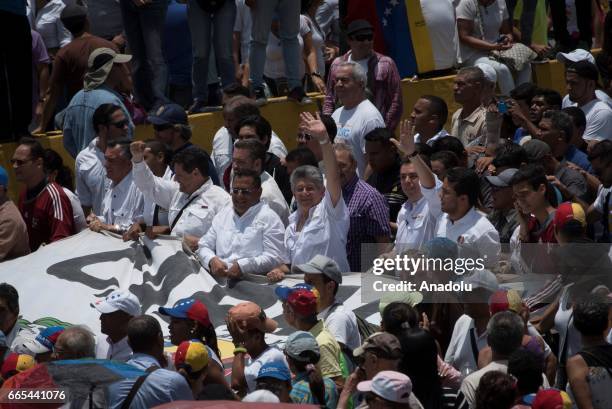 Venezuelan opposition lawmaker Henry Ramos Allup takes part in a protest against the government of President Nicolas Maduro on April 6, 2017 in...