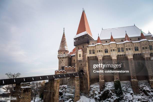 castello di corvin avvolto nella nebbia e nella neve in inverno, hunedoara, transilvania, romania - hunedoara foto e immagini stock