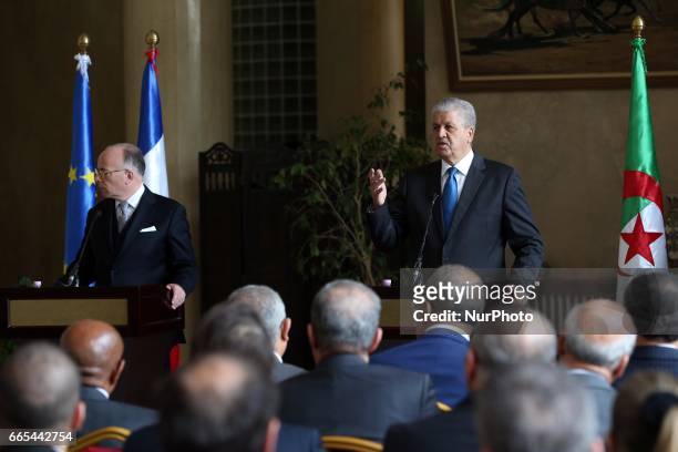 French Prime Minister Bernard Cazeneuve speaks after a meeting with his Algerian counterpart Abdelmalek Sellal in the capital Algiers on April 6,...