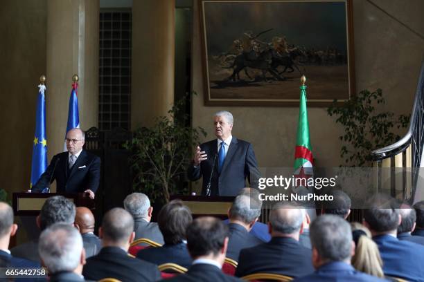 French Prime Minister Bernard Cazeneuve speaks after a meeting with his Algerian counterpart Abdelmalek Sellal in the capital Algiers on April 6,...