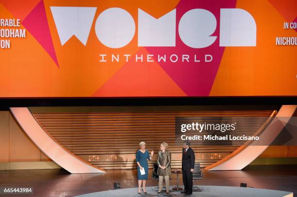 Tina Brown, Former United States Secretary of State, Hillary Clinton and Journalist Nicholas Kristof speak during the Eighth Annual Women In The...