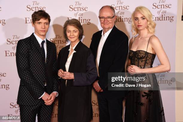 Actors Billy Howle, Charlotte Rampling, Jim Broadbent and Freya Mavor attend "The Sense of an Ending" UK gala screening on April 6, 2017 in London,...