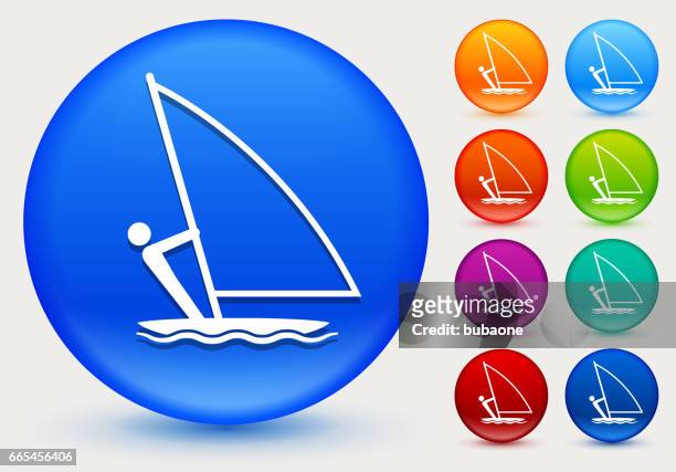 segelboot-symbol auf glänzenden farbkreis tasten - sailboat racing stock-grafiken, -clipart, -cartoons und -symbole