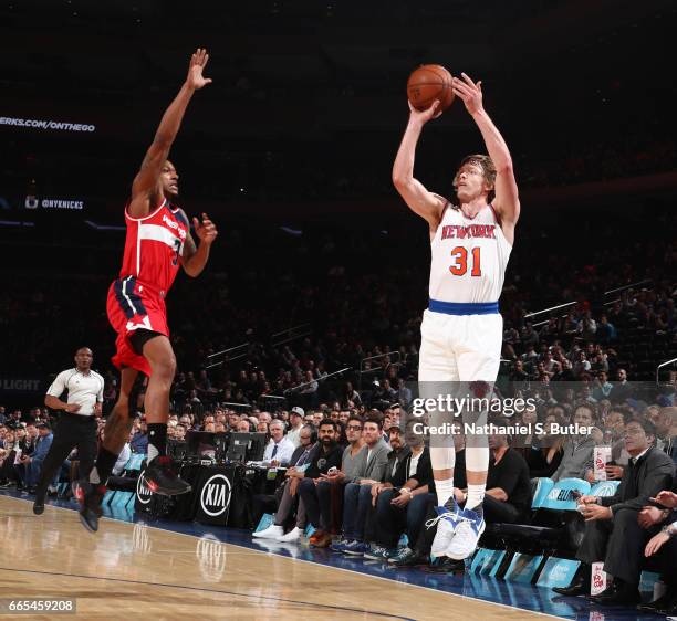 Ron Baker of the New York Knicks shoots the ball during a game against the Washington Wizards on April 6, 2017 at Madison Square Garden in New York...