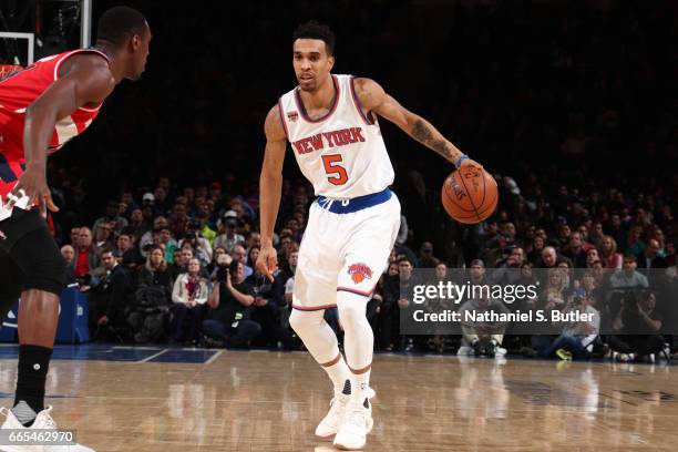 Courtney Lee of the New York Knicks handles the ball during a game against the Washington Wizards on April 6, 2017 at Madison Square Garden in New...