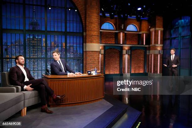 Episode 514 -- Pictured: Actor Chris Evans, host Seth Meyers and Josh Meyers on April 5, 2017 --