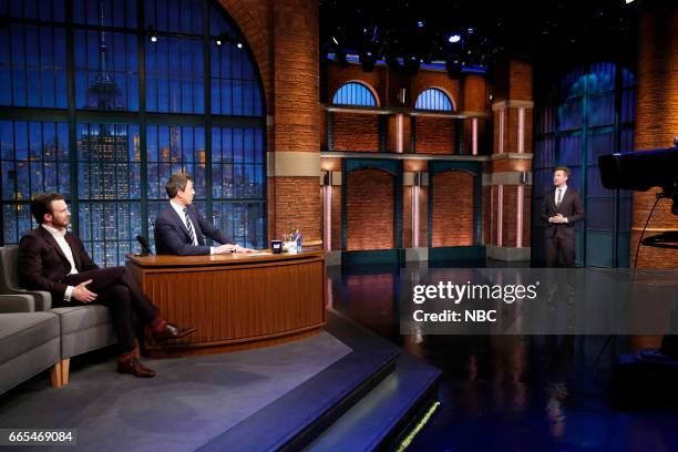 Episode 514 -- Pictured: Actor Chris Evans, host Seth Meyers and Josh Meyers on April 5, 2017 --