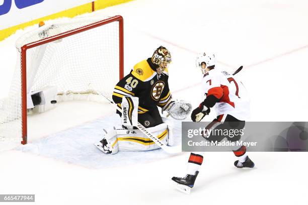 Kyle Turris of the Ottawa Senators scores the game winning goal against Tuukka Rask of the Boston Bruins during a shoot out at TD Garden on April 6,...
