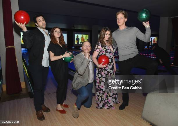Desmin Borges, Aya Cash, Stephen Falk, Kether Donohue, and Chris Geere attend 8th Annual FX All-Star bowling party at Lucky Strike on April 6, 2017...