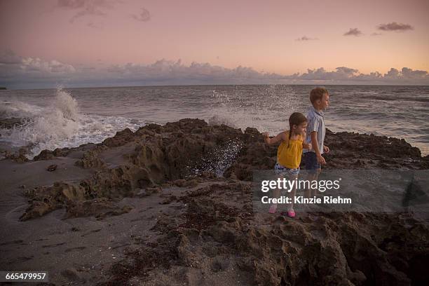 girl and brother looking out from beach at sunrise, blowing rocks preserve, jupiter island, florida, usa - blowing rocks preserve stock pictures, royalty-free photos & images