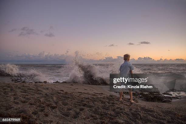 rear view of boy watching splashing waves at sunrise, blowing rocks preserve, jupiter island, florida, usa - blowing rocks preserve stock pictures, royalty-free photos & images