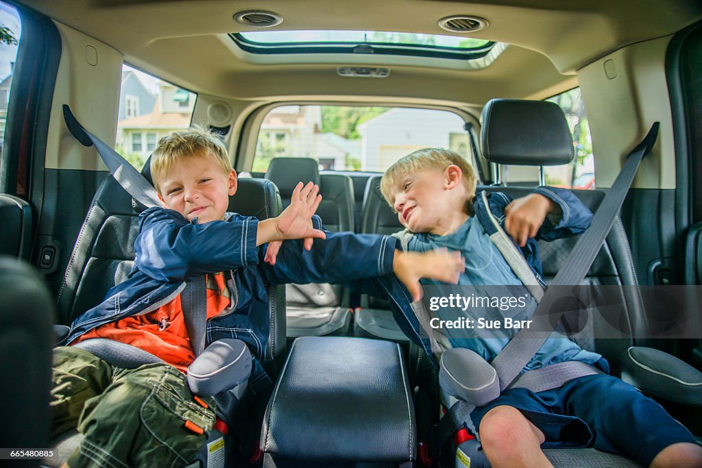 Twin brothers sitting in back of vehicle, fighting