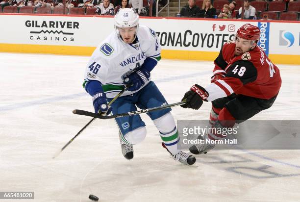 Jayson Megna of the Vancouver Canucks and Jordan Martinook of the Arizona Coyotes battle for a loose puck during the first period at Gila River Arena...