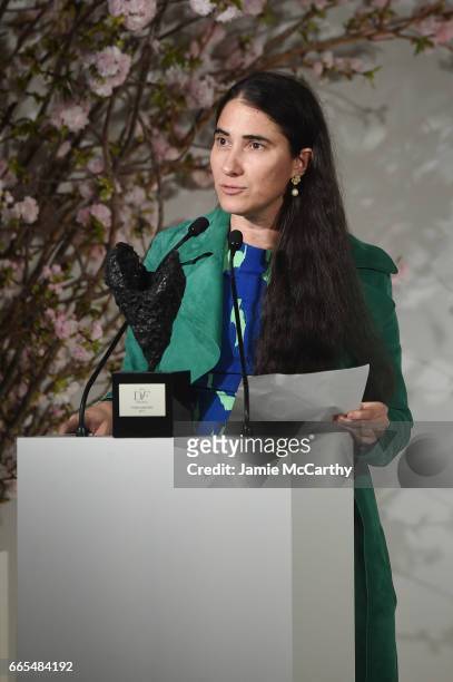 Award winner Yoani Sanchez speaks onstage at the 2017 DVF Awards at United Nations Headquarters on April 6, 2017 in New York City.