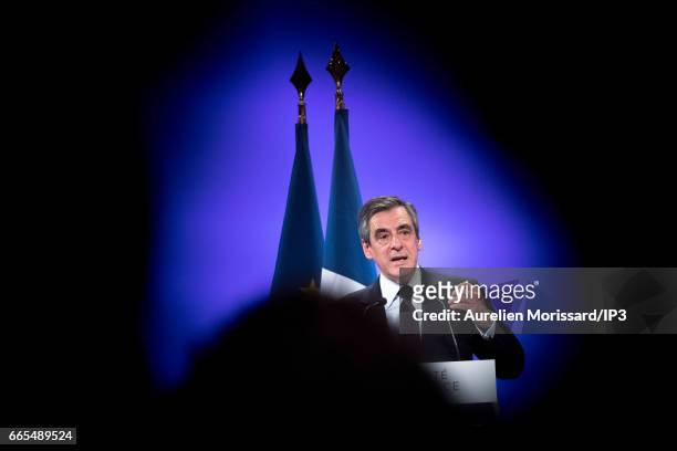 Candidate of Les Republicains right wing Party for the 2017 French Presidential Election Francois Fillon delivers a speech during his meeting on...