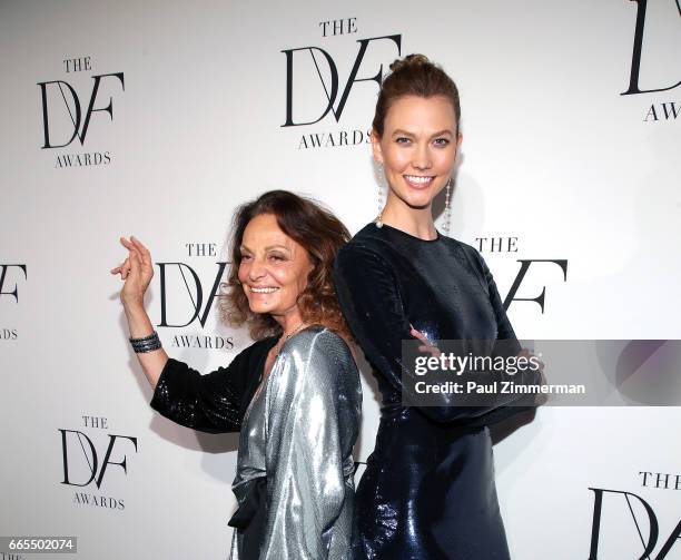 Designer Diane von Furstenberg and Karlie Kloss attend the 2017 DVF Awards at United Nations on April 6, 2017 in New York City.