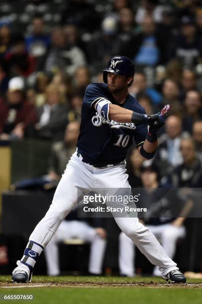 Kirk Nieuwenhuis of the Milwaukee Brewers at bat during a game against the Colorado Rockies at Miller Park on April 5, 2017 in Milwaukee, Wisconsin....