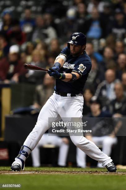Kirk Nieuwenhuis of the Milwaukee Brewers at bat during a game against the Colorado Rockies at Miller Park on April 5, 2017 in Milwaukee, Wisconsin....