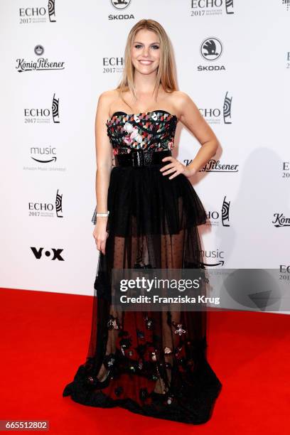 Vivien Gebhardt attends the Echo award red carpet on April 6, 2017 in Berlin, Germany.