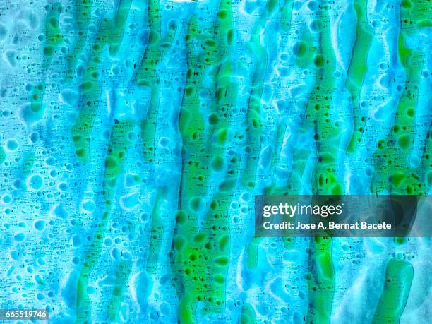 full frame of the textures formed by the bubbles and drops, on a coarse of colors background - burbuja stock pictures, royalty-free photos & images