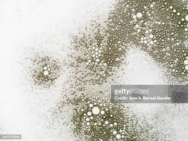 full frame of the textures formed by the bubbles  in the shape of circle floating on a liquid  white color background - simetría stock-fotos und bilder
