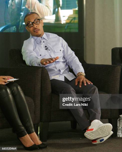 Musician T.I. Addresses the audience during the BET Music Presents: Us Or Else panel discussion at the Viacom White Box Hall on April 6, 2017 in New...