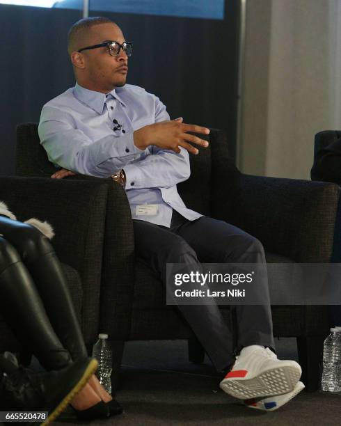 Musician T.I. Addresses the audience during the BET Music Presents: Us Or Else panel discussion at the Viacom White Box Hall on April 6, 2017 in New...