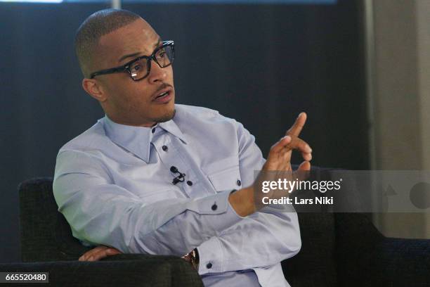 Musician T.I. Addresses the audience during the BET Music Presents: Us Or Else panel discussion at the Viacom White Box Hall on April 6, 2017 in New...