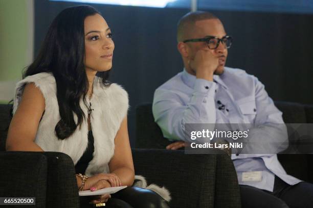 Commentator Angela Rye and Musician T.I. Attend the BET Music Presents: Us Or Else panel discussion at the Viacom White Box Hall on April 6, 2017 in...