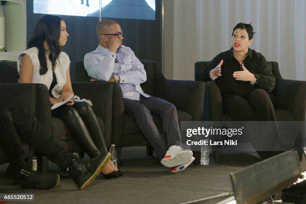 Commentator Angela Rye, Musician T.I. And Police Officer Nakia Jones attend the BET Music Presents: Us Or Else panel discussion at the Viacom White...