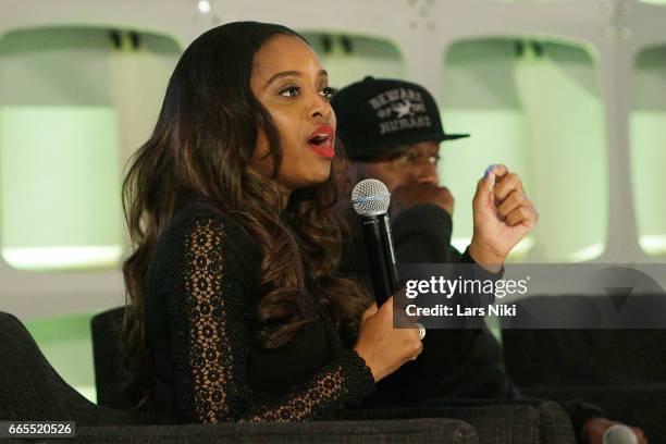 Social Activist Tamika Mallory attends the BET Music Presents: Us Or Else panel discussion at the Viacom White Box Hall on April 6, 2017 in New York...