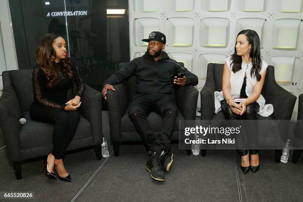 Social Activist Tamika Mallory, Hip Hop Artist Talib Kweli and Commentator Angela Rye attend the BET Music Presents: Us Or Else panel discussion at...