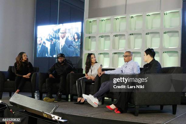 Social Activist Tamika Mallory, Hip Hop Artist Talib Kweli, Commentator Angela Rye, Musician T.I. And Police Officer Nakia Jones attend the BET Music...