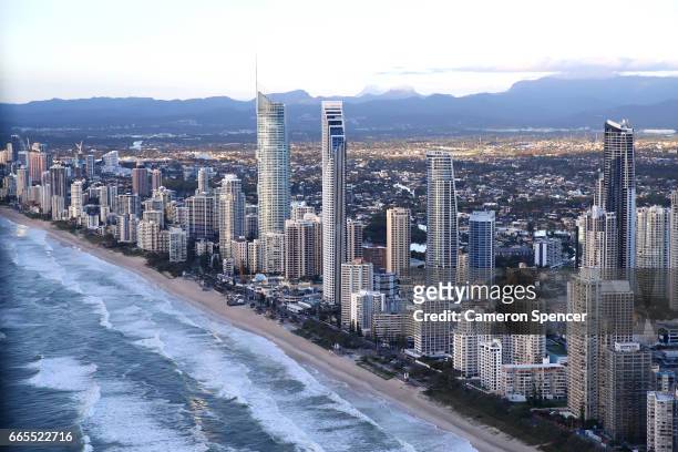 Beachfront hotels at Surfers Paradise on the Gold Coast on April 7, 2017 in Gold Coast, Australia. The 2018 Commonwealth Games will be held on the...