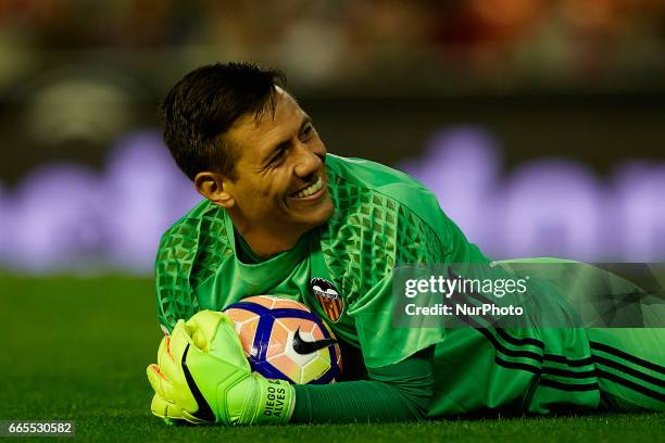 Diego Alves goalkeeper of Valencia CF smiles during the La Liga match between Valencia CF and Real Club Celta de Vigo at Mestalla Stadium on April 6,...