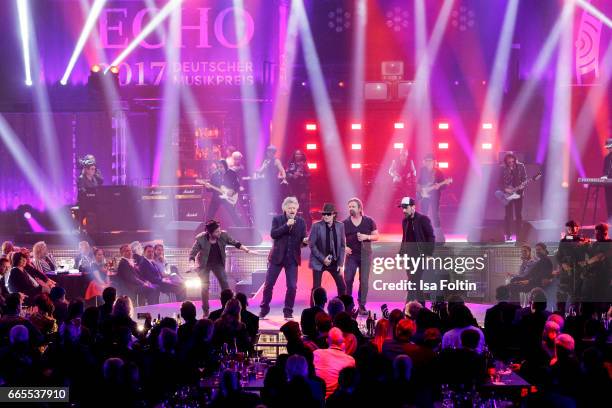 Singers Johannes Oerding, Wolfgang Niedecken, Udo Lindenberg, Henning Wehland and Daniel Wirtz perform during the Echo award show on April 6, 2017 in...
