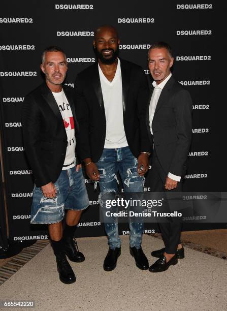 Fashion designers Dan Caten , Dean Caten and actor/model Tyson Beckford attend the grand opening party for Dsquared2 at The Shops at Crystals on...