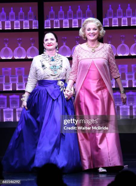 Patti Lupone and Christine Ebersole during the Broadway opening night performance curtain call for 'War Paint' at the Nederlander Theatre on April 6,...