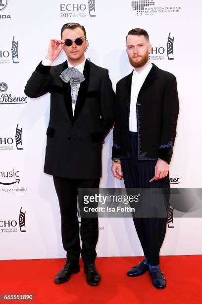 Theo Hutchcraft and Adam Anderson, members of the british band Hurts during the Echo award red carpet on April 6, 2017 in Berlin, Germany.