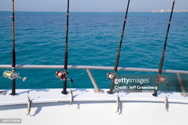 Baited hooks on a charter fishing boat.