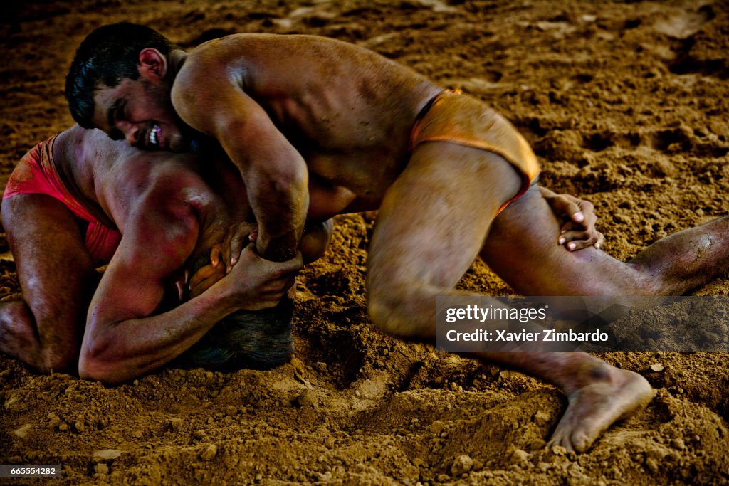 Wrestlers Fighting During Their Kushti Training, Tradition Of Indian Wrestling