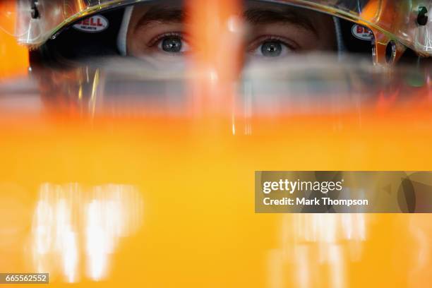 Stoffel Vandoorne of Belgium and McLaren Honda sits in his car in the garage during practice for the Formula One Grand Prix of China at Shanghai...