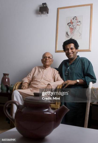 Year old potter and Gandhian Devi Prasad, whose show of 300 of his works will open at Lalit Kala Academy on May 1, poses for camera with his student...