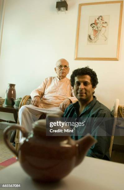 Year old potter and Gandhian Devi Prasad, whose show of 300 of his works will open at Lalit Kala Academy on May 1, poses for camera with his student...