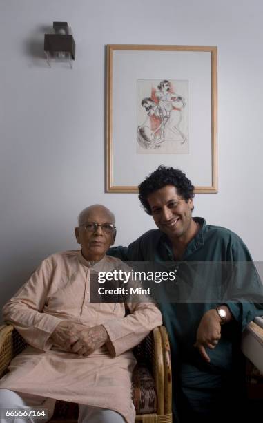 Year old potter and Gandhian Devi Prasad, whose show of 300 of his works will open at Lalit Kala Academy on May 1, poses for camera with his student...