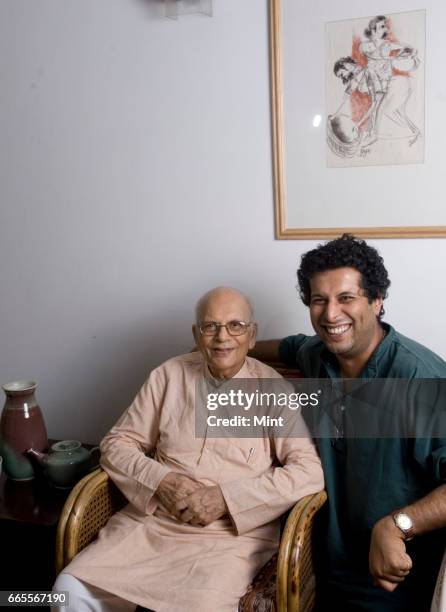 Year old potter and Gandhian Devi Prasad, whose show of 300 of his works will open at Lalit Kala Academy on May 1, poses for camera with his student...